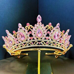 Gold Crown Crystal Tiara, Princess Crown, Gold Wedding Tiara, Pink Bridal Crown